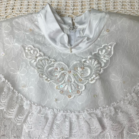 Vintage 1990s Fashionland Originals Girls 7 White Satin Lace Fancy Party Dress - Picture 2 of 6